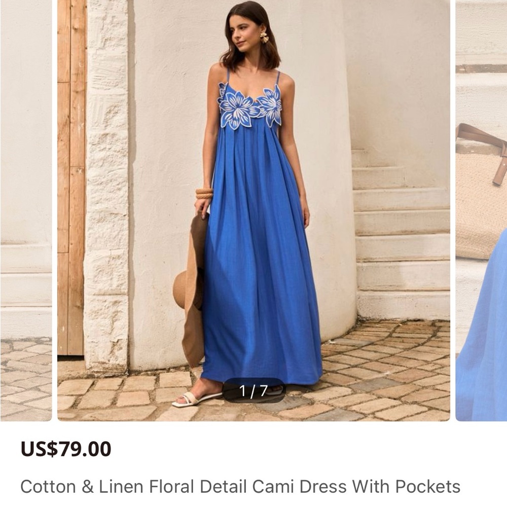 Cotton & Linen Floral Detail Cami Dress With Pockets